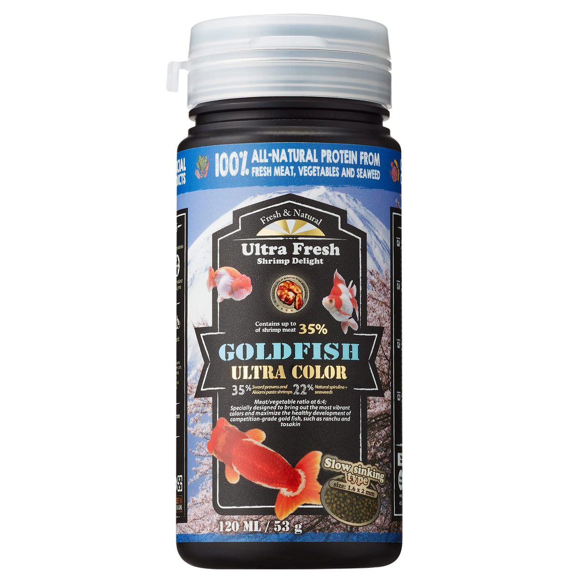 Ultra Fresh pellets hundimiento lento para pez dorado, fácil ingesta y apariencia ordenada.