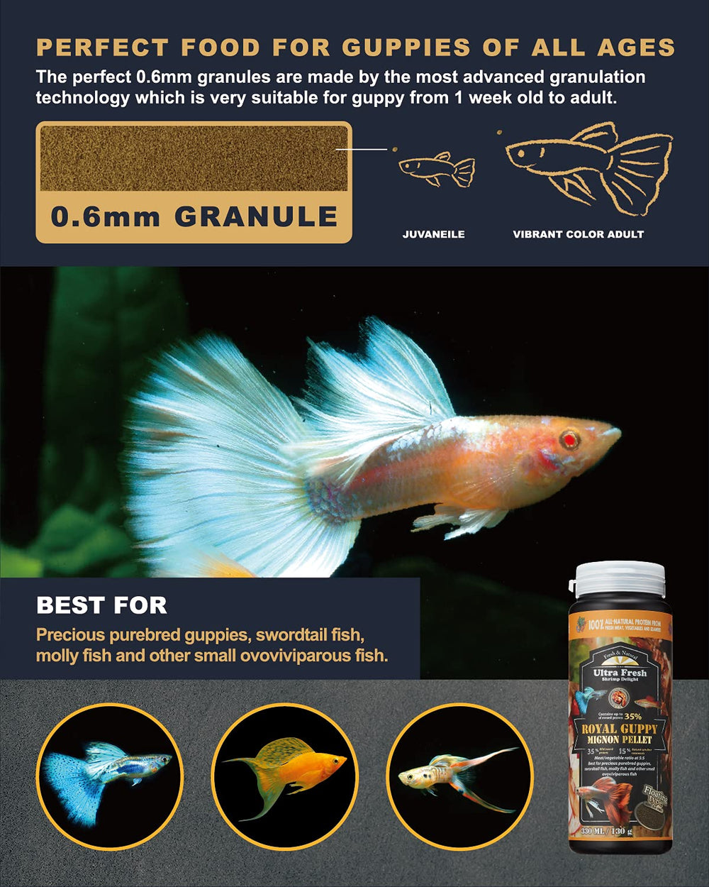 ultra fresh royal guppy mignon pellet con probióticos 3 millones CFU por gramo