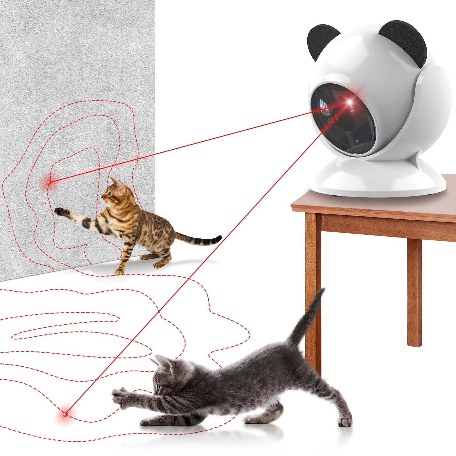 umosis láser automático para gatos visto de frente, juego interactivo seguro para interiores.