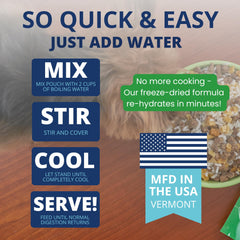 UndertheWeatherPet pellets congelados, dieta en polvo lista para rehidratar en minutos.