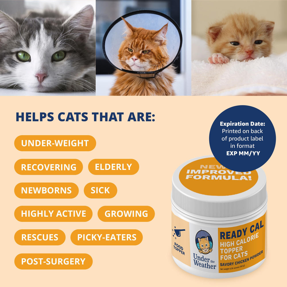 UndertheWeatherPet Ready Cal, envase original, mantiene vitaminas y minerales estables para gatos.