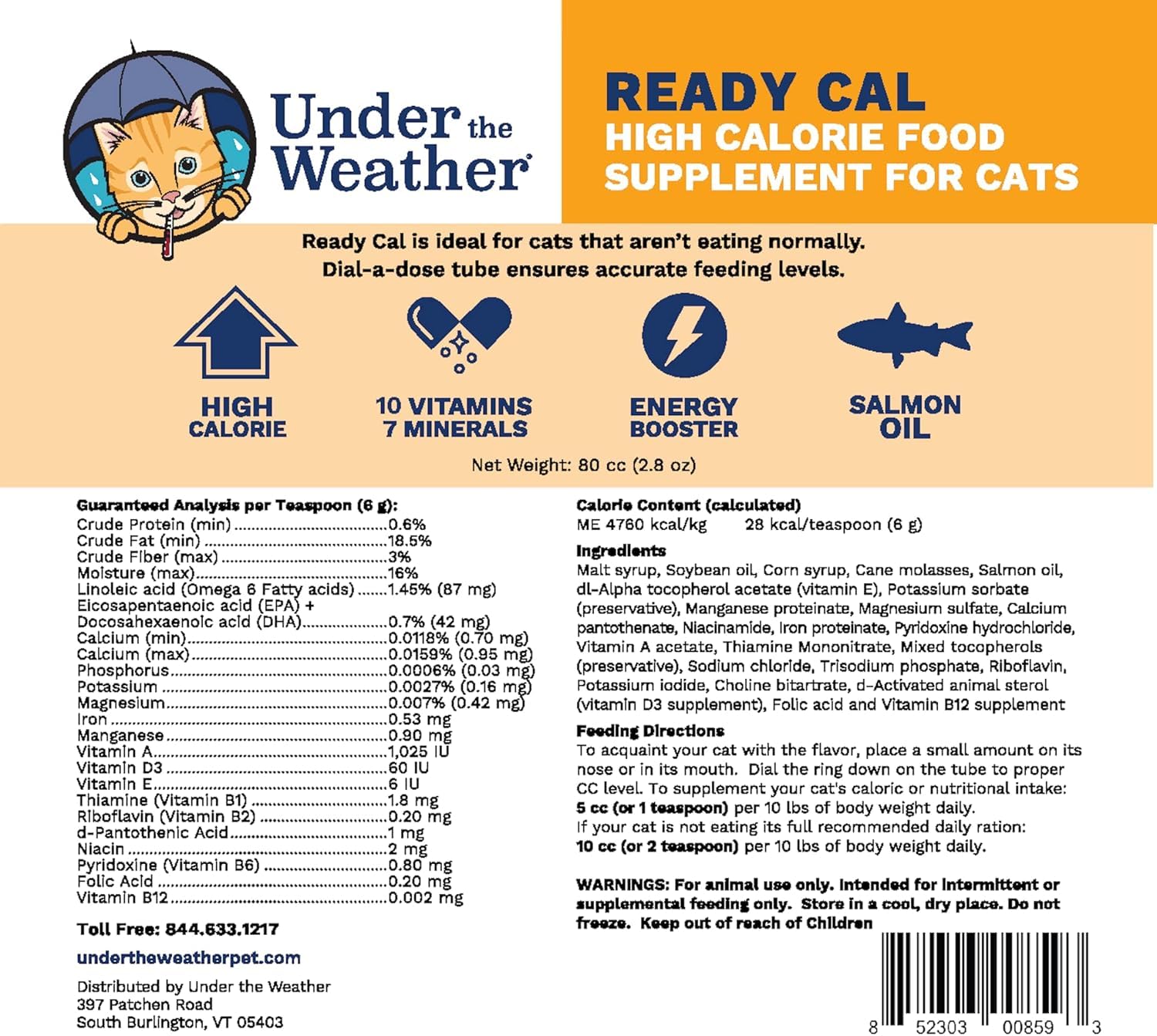 undertheweatherpet Cal Listo para Gatos: etiqueta legible con ingredientes clave para revisión rápida.
