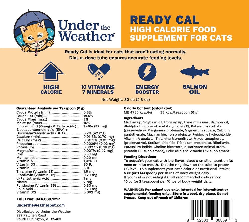 undertheweatherpet Cal Listo para Gatos: etiqueta legible con ingredientes clave para revisión rápida.