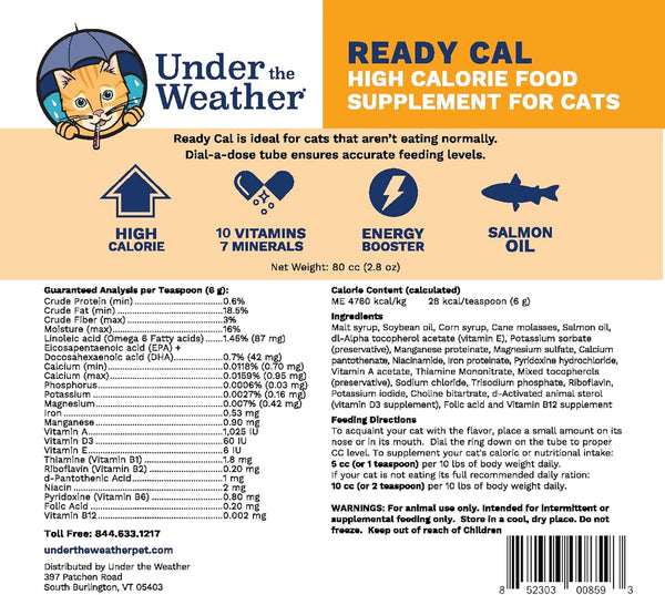 undertheweatherpet Cal Listo para Gatos: etiqueta legible con ingredientes clave para revisión rápida.
