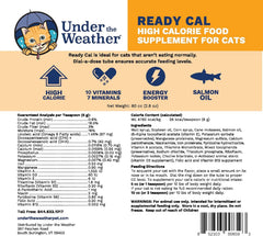 undertheweatherpet Cal Listo para Gatos: etiqueta legible con ingredientes clave para revisión rápida.
