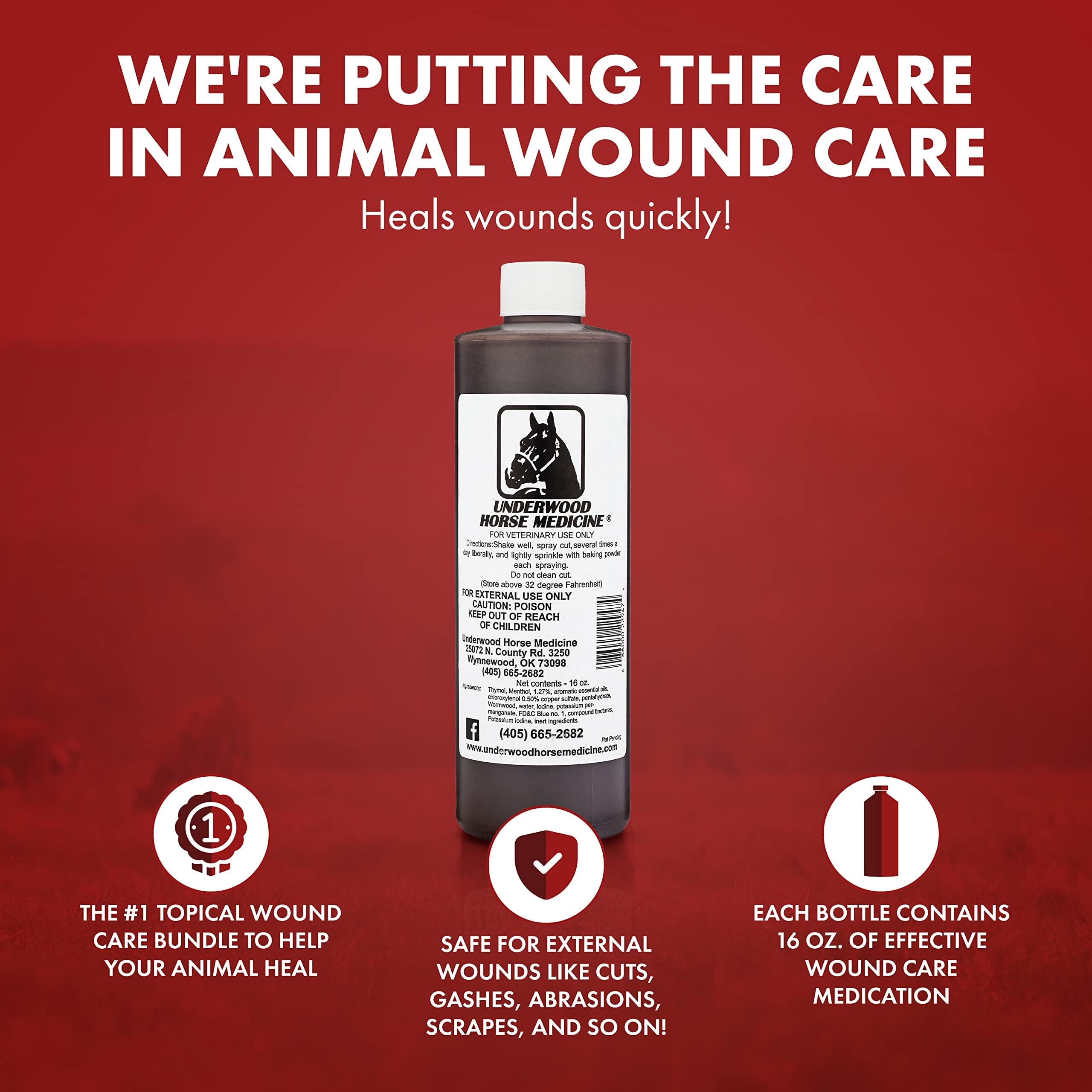Underwood Horse Medicine, aplicación en caballo para heridas externas, uso práctico.