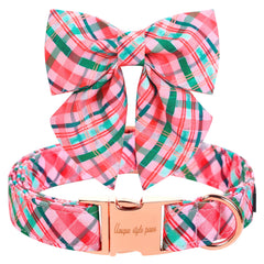 Unique style paws collar con corbat rosa y verde a cuadros, ideal para eventos festivos.
