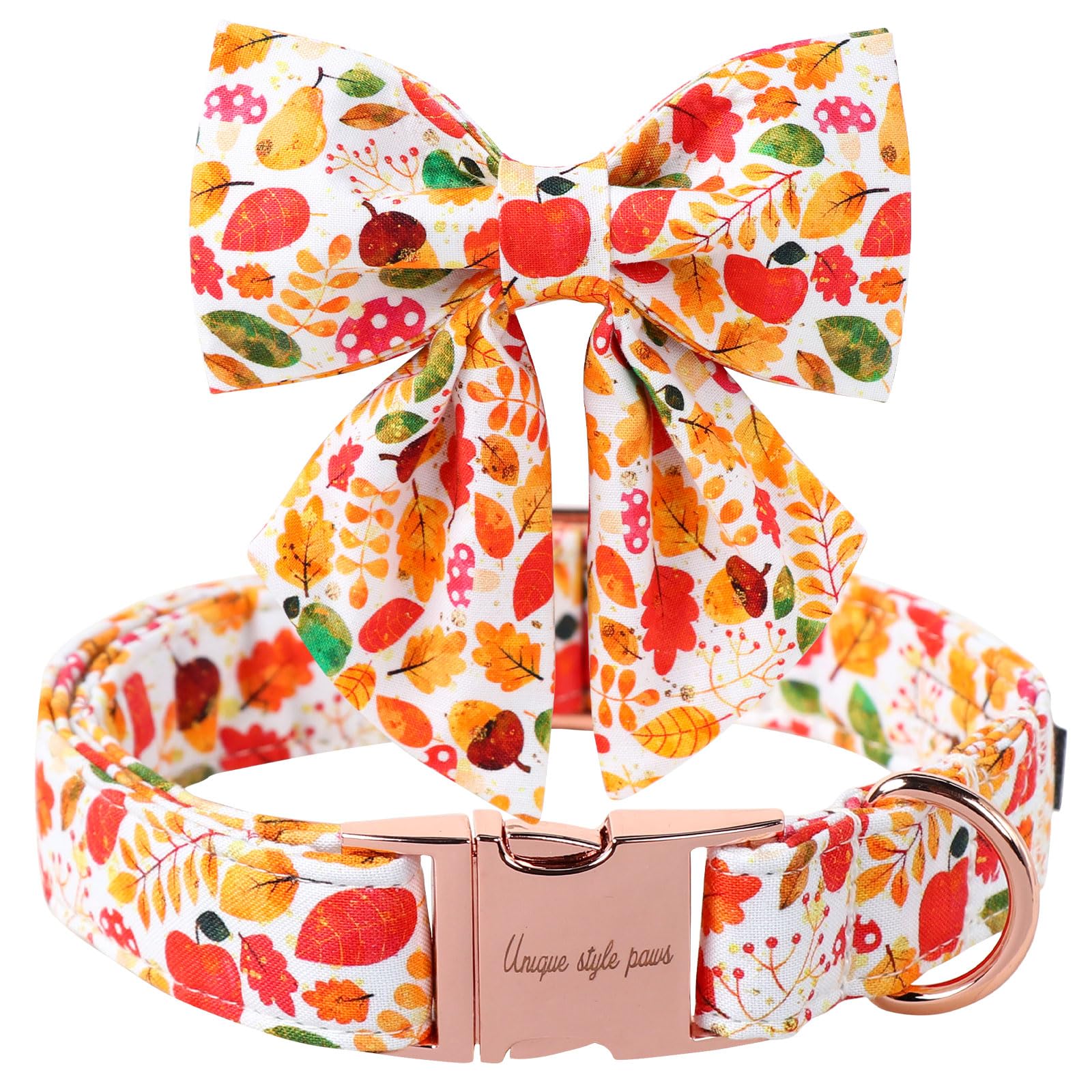 Unique Style Paws collar Día de Acción de Gracias con lazo fruta hojas, ideal para paseos festivos.