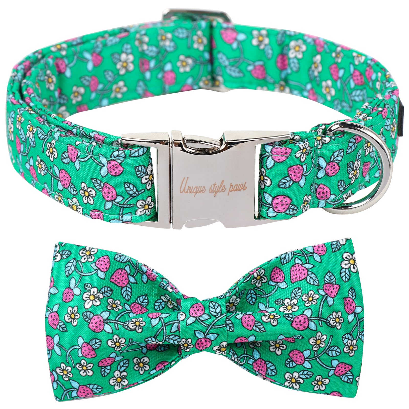 Collar Unique style paws con lazo de fresa, ideal para paseos con estilo.