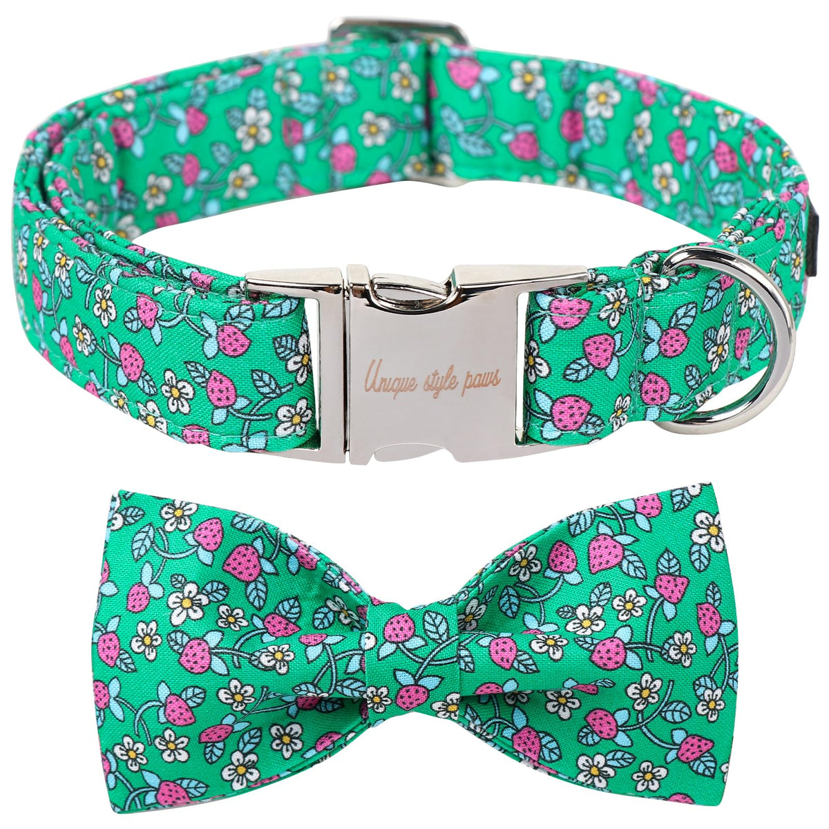 Collar Unique style paws con lazo de fresa, ideal para paseos con estilo.
