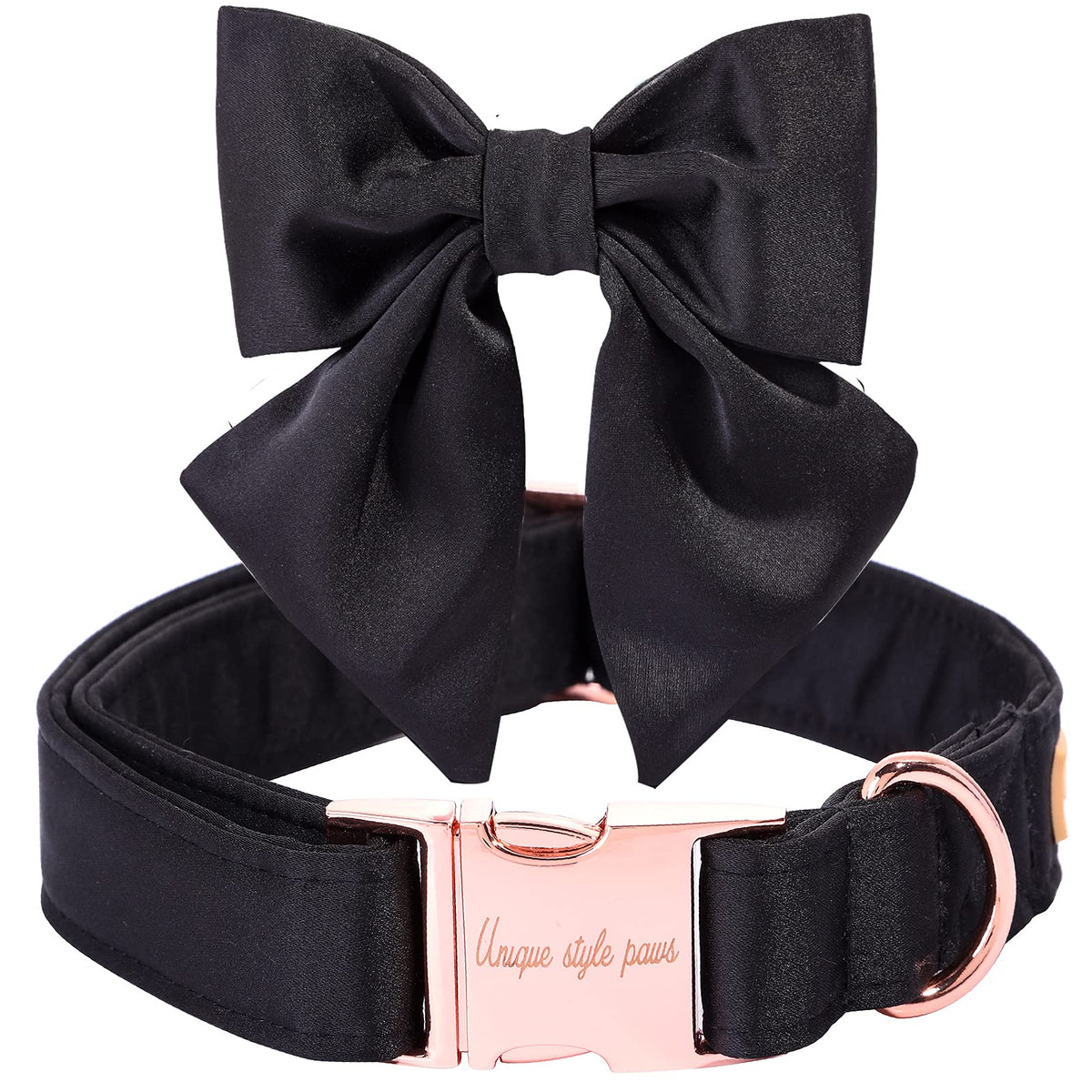 Collar Unique Style Paws con lazo de seda negro y ajuste XL para perros grandes.