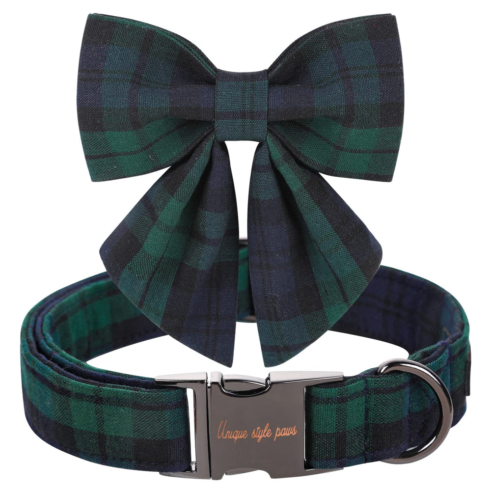 Collar Unique Style Paws navidad para perro con lazo tartán verde, cómodo.