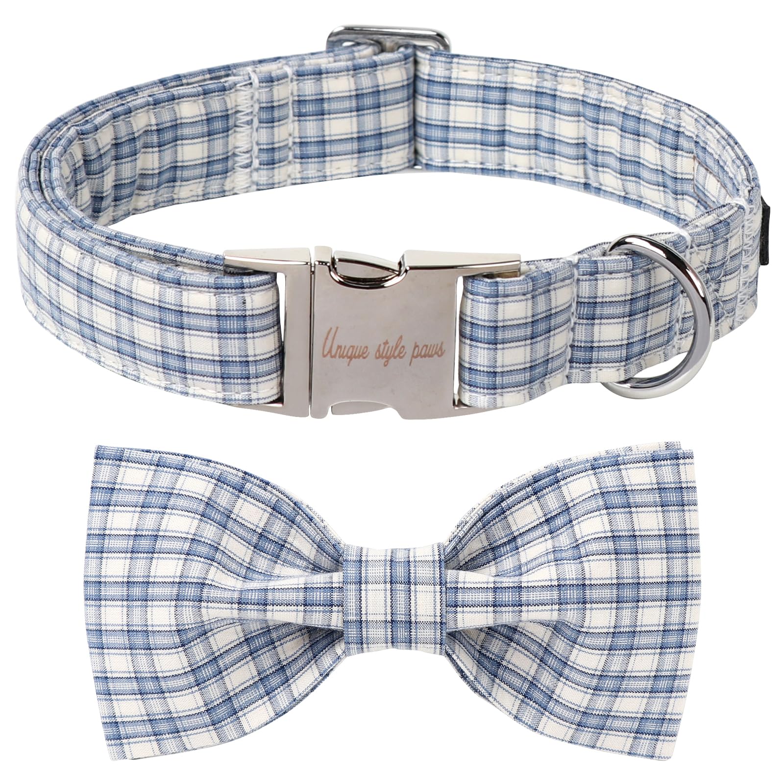 Collar Unique Style Paws con lazo azul y blanco, cómodo y a la moda.