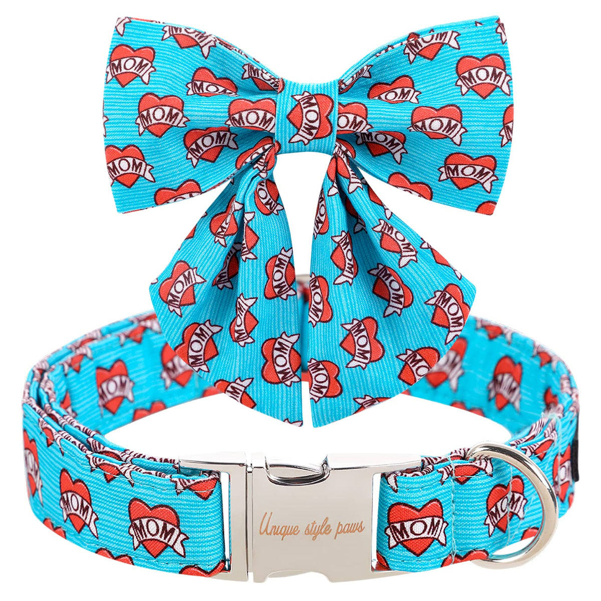 Collar Unique style paws con lazo azul y corazón, ideal para paseos diarios