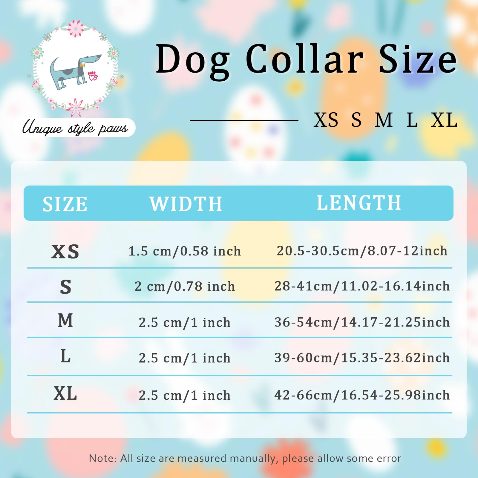 Unique Style Paws collar con medidas de cuello ajustables para perros