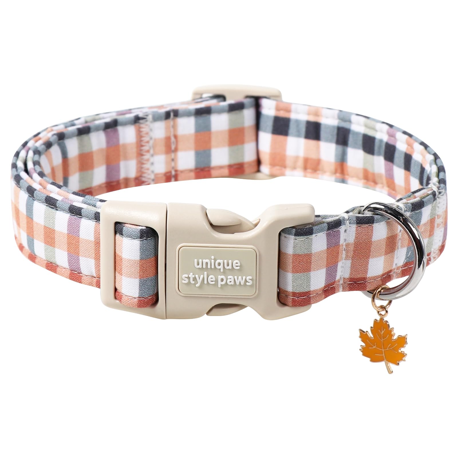 Collar Unique Style Paws para perro en tono otoño con diseño de cuadros, ideal para paseos diarios.