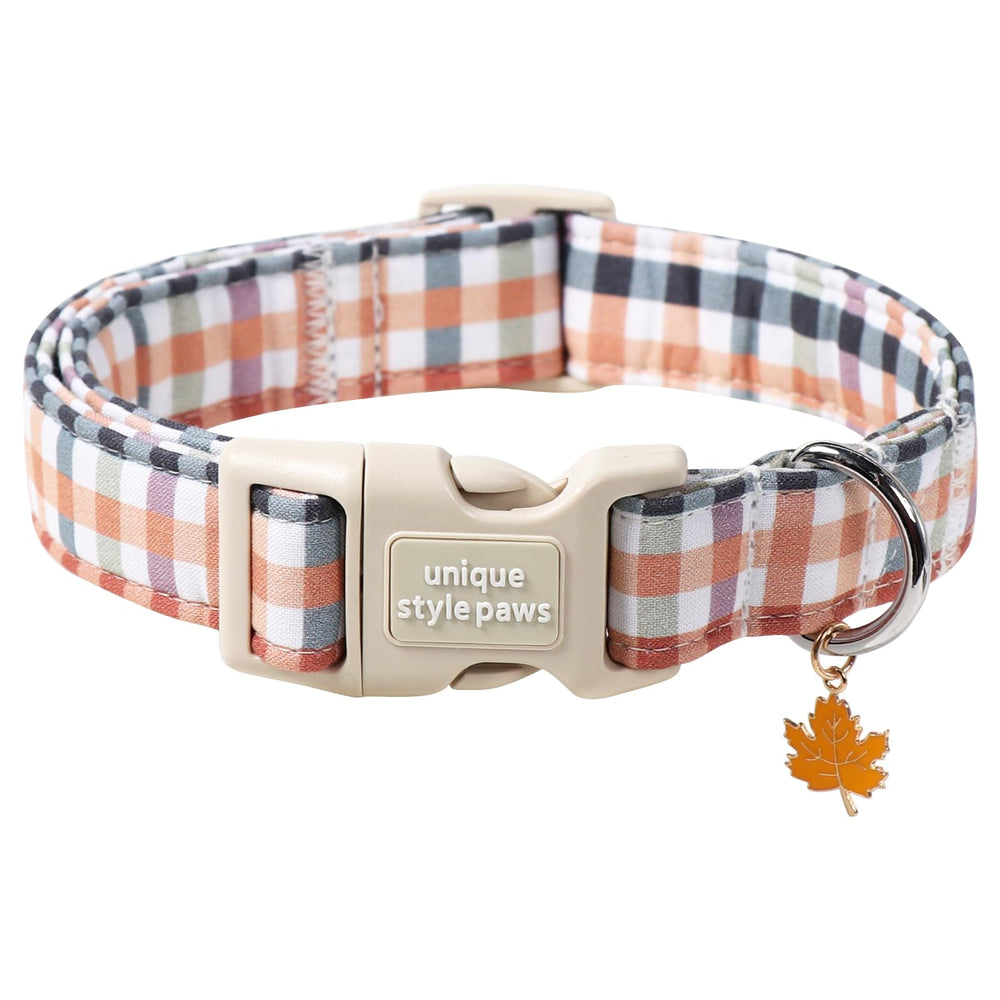 Collar Unique Style Paws para perro en tono otoño con diseño de cuadros, ideal para paseos diarios.