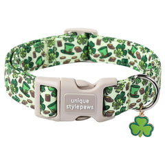 Unique Style Paws collar para perro con trébol verde, ideal para paseos festivos.