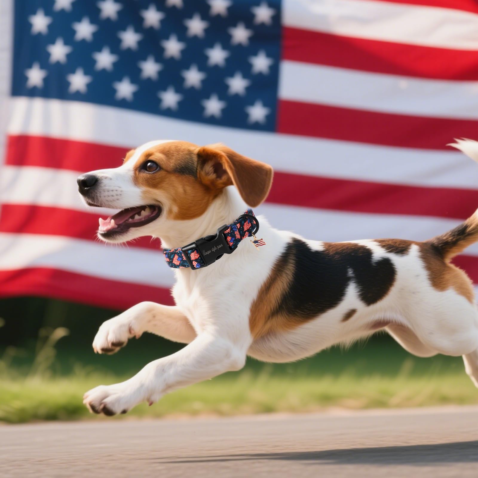 Diseño con bandera volando Unique Style Paws inspira patriotismo.