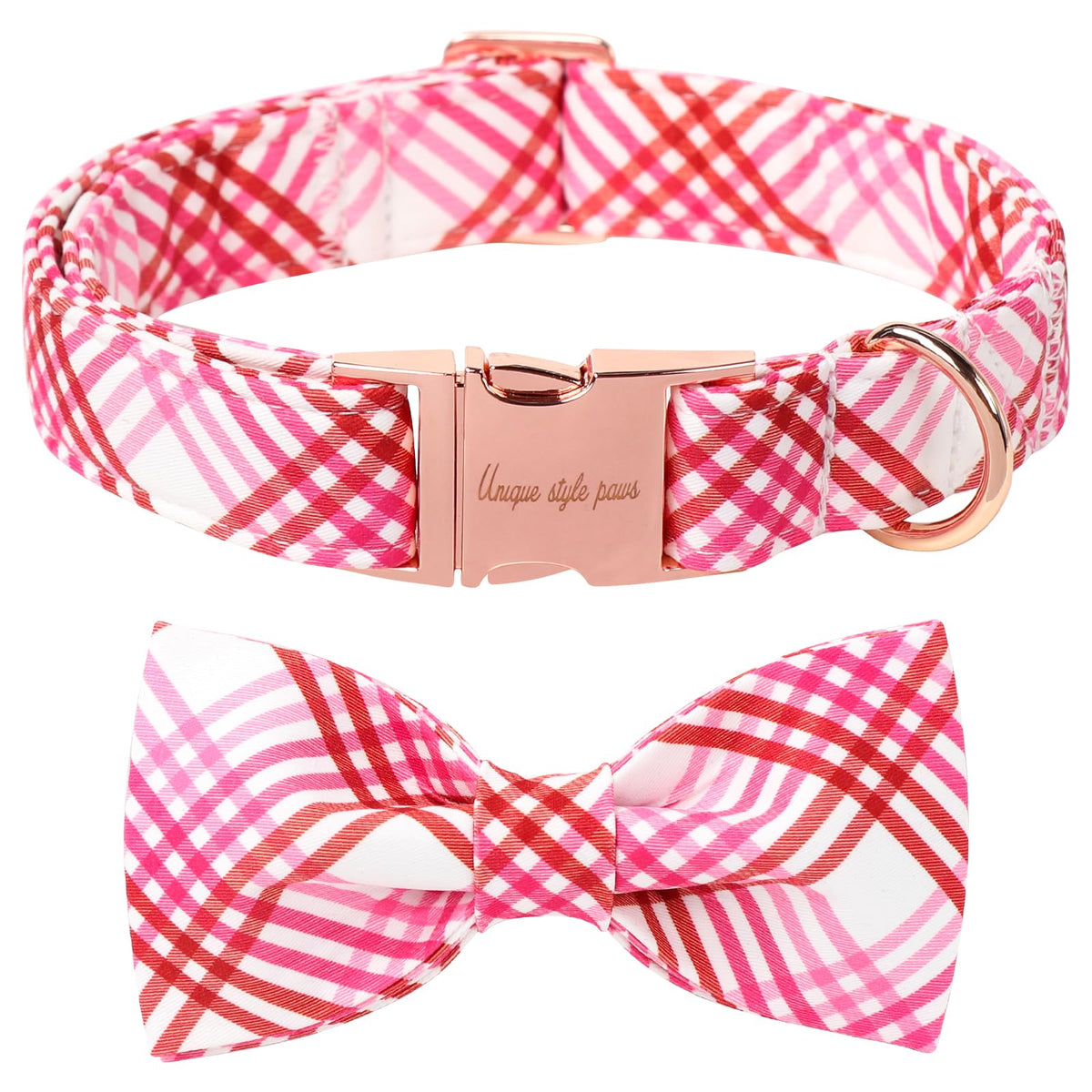 Collar Unique Style Paws de algodón con lazo cuadro rojo y blanco, ideal para paseos diarios.