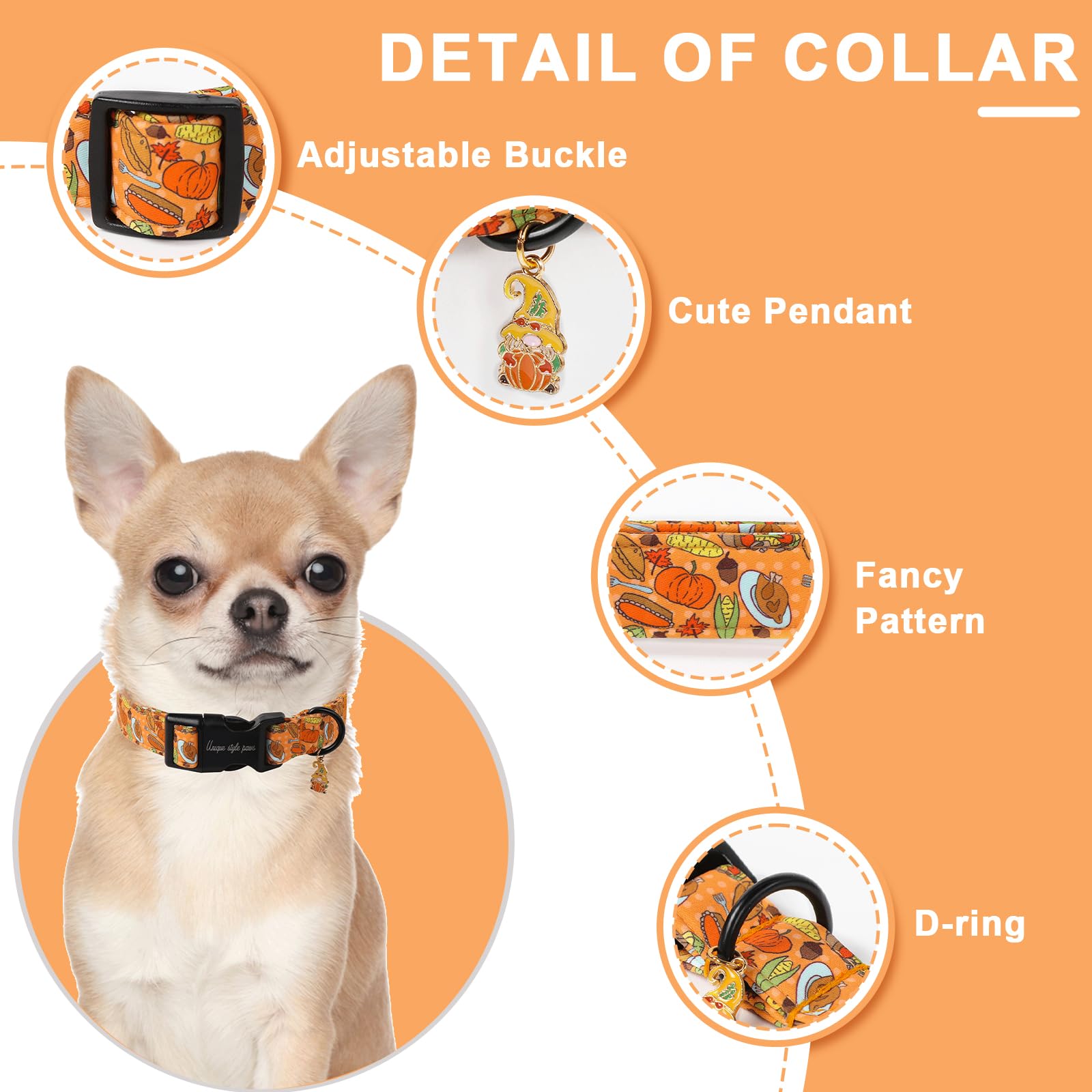Unique Style Paws collar de perro con calabaza, cómodo para uso diario.