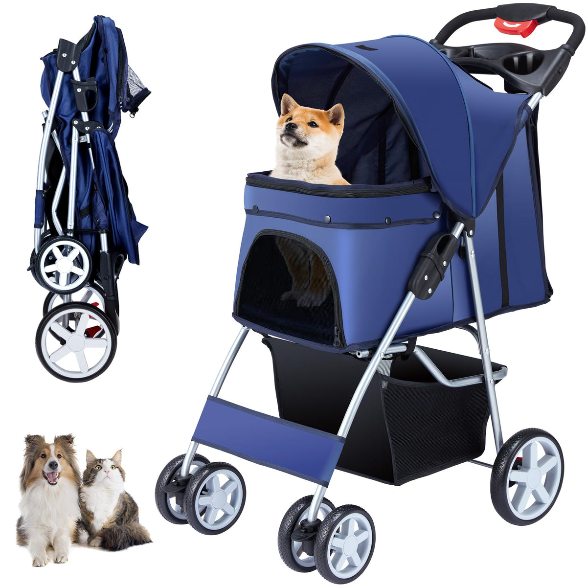 Unisakey carrito de paseo para mascotas, vista frontal, mejor movilidad para perros y gatos.