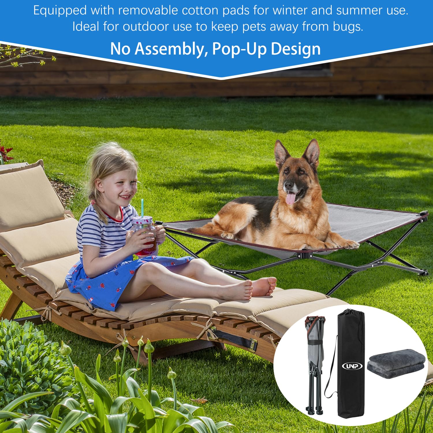 Cama Unp elevada para exterior con marco reforzado para mascotas activas.