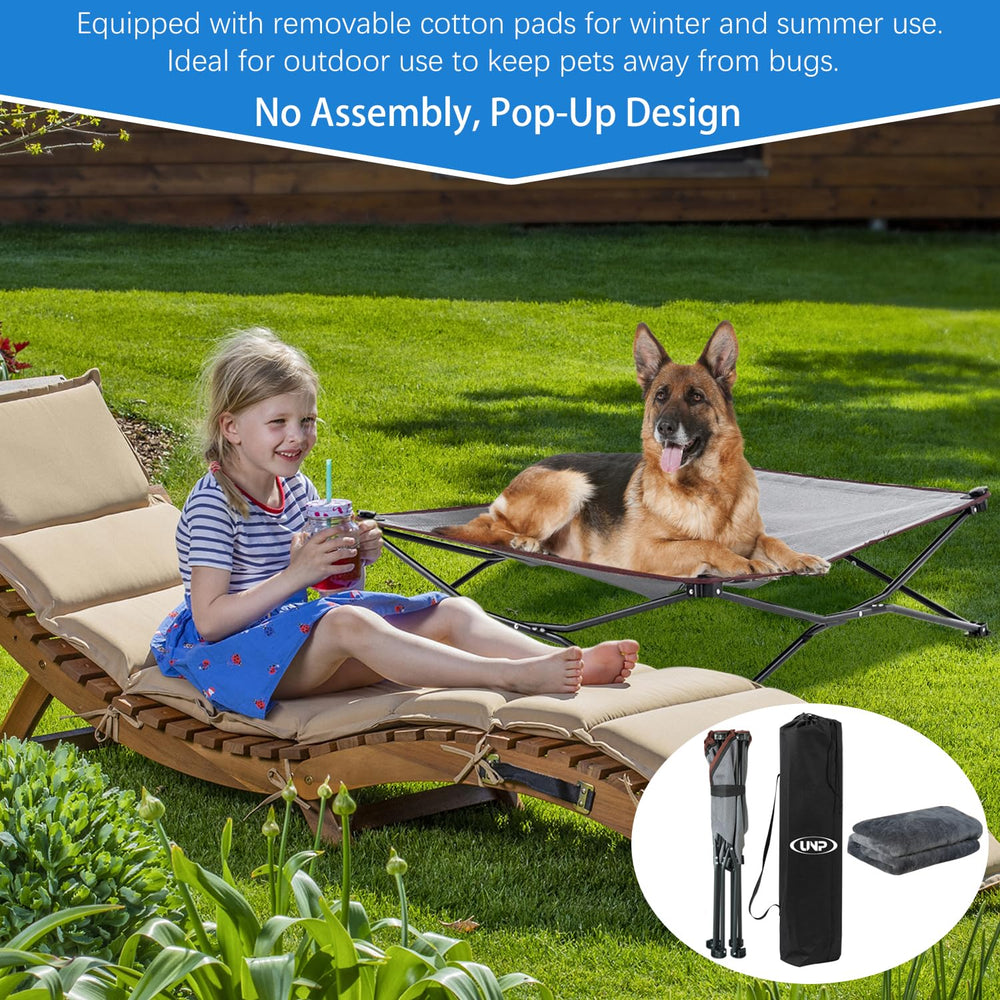 Cama Unp elevada para exterior con marco reforzado para mascotas activas.