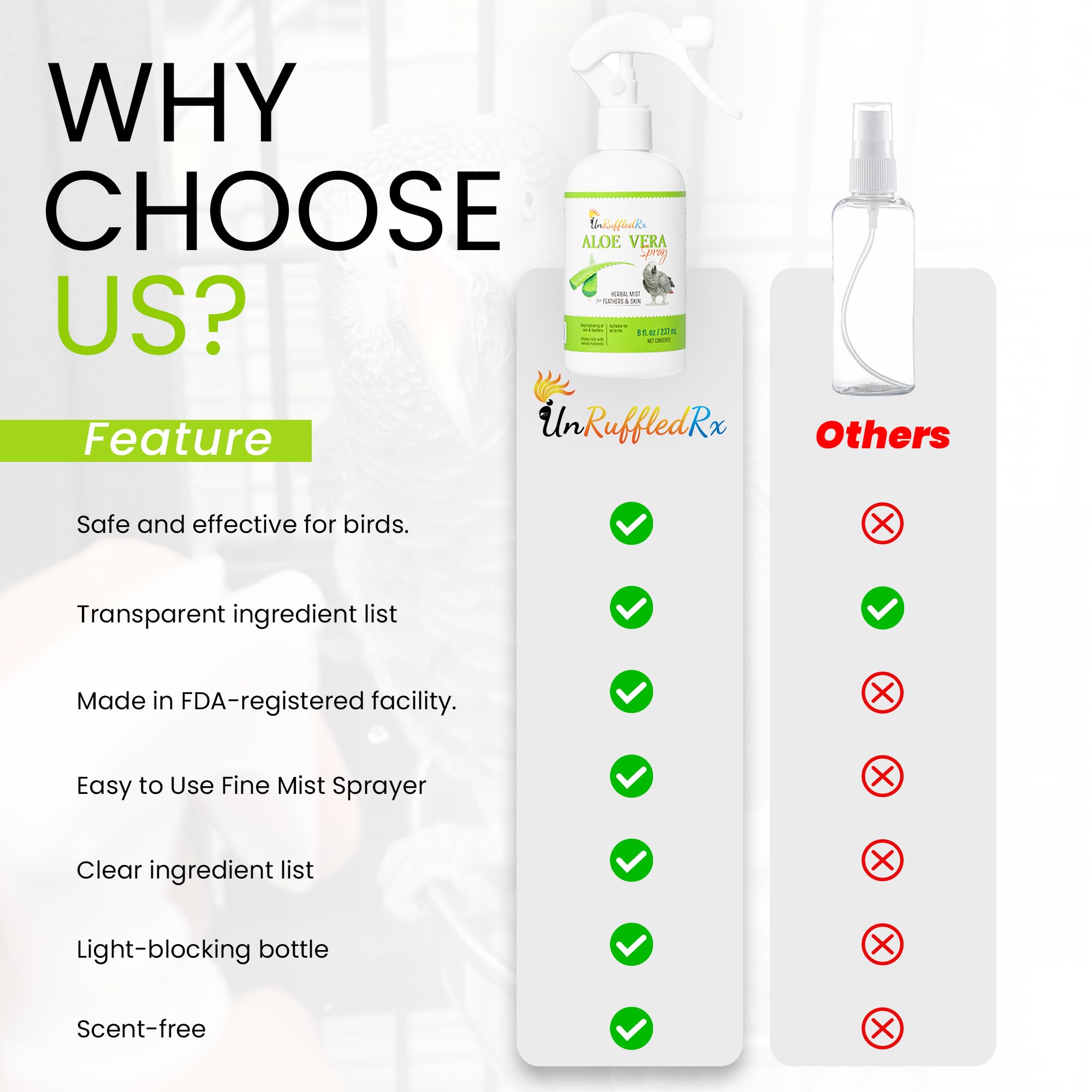 Piel hidratada y plumaje saludable gracias a UnRuffledRx Aloe Vera.