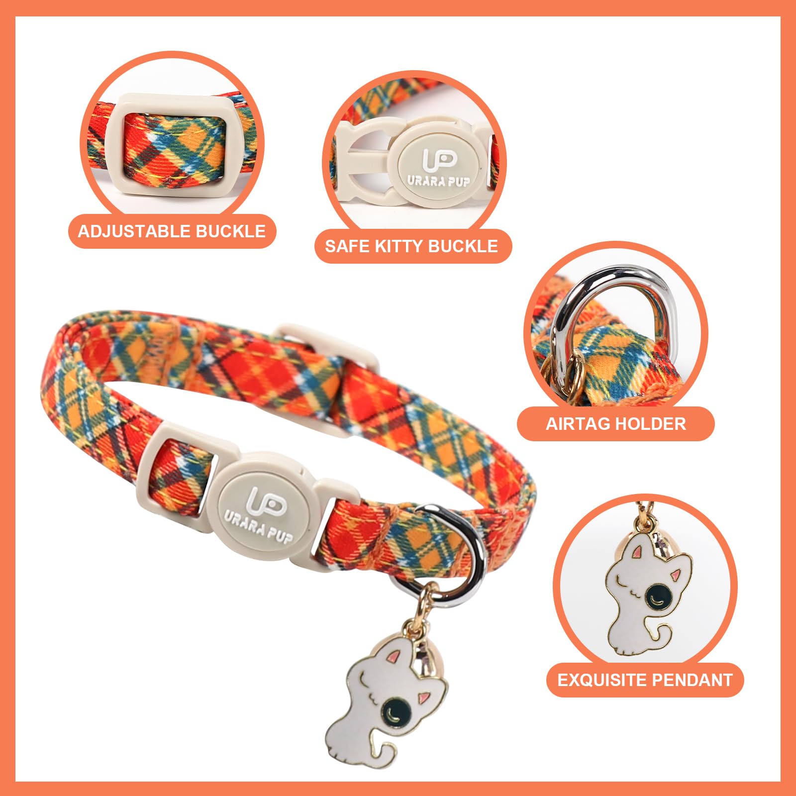 UP URARA PUP collar de gato, patrón cuadros amarillos, facilita identificación.