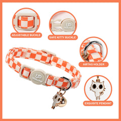 UP URARA PUP collar para gatos; diseño amarillo cuadros, ideal para Noche de Brujas y fiestas.