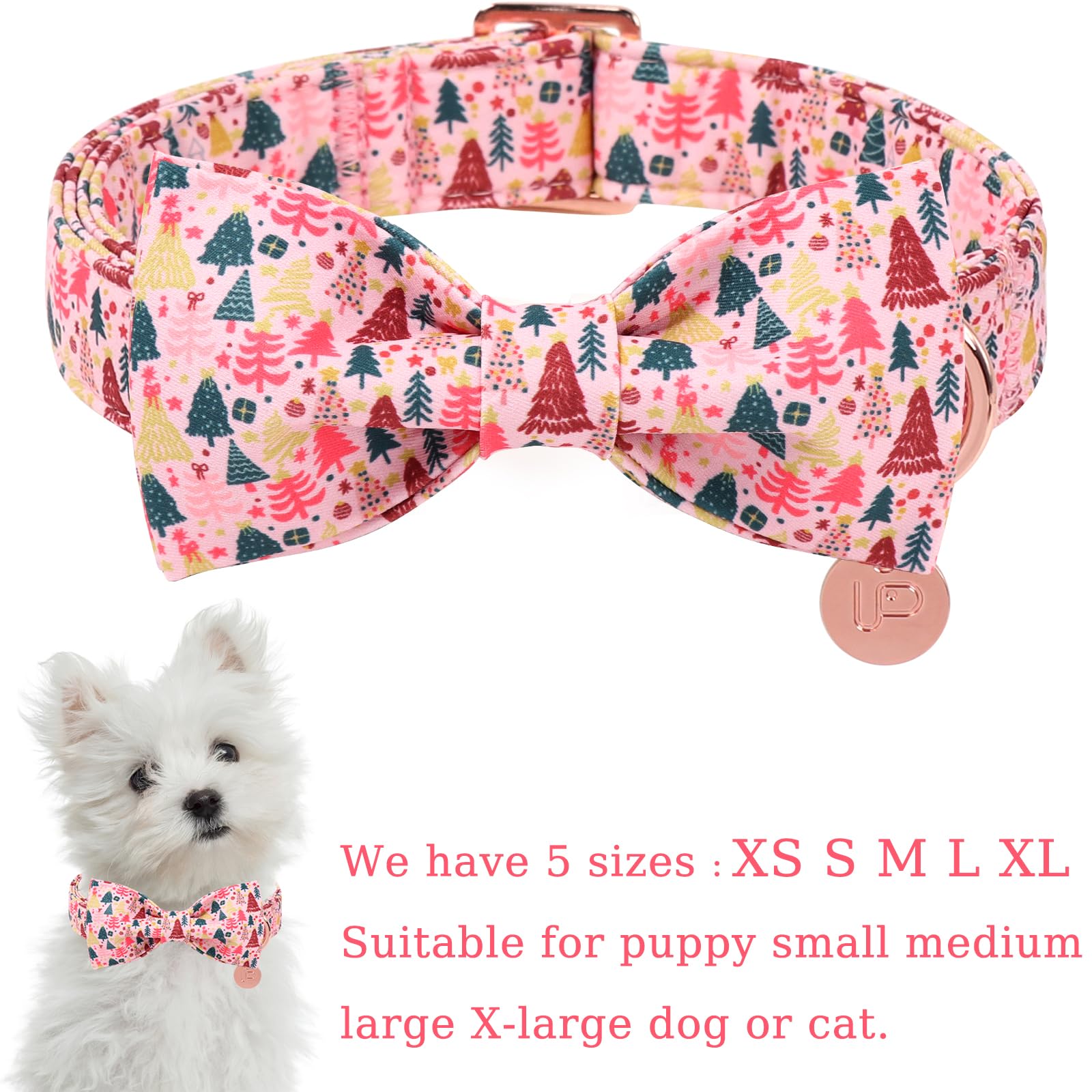 UP URARA PUP collar navidad rosa con patrones de árboles, perfecto para fotos festivas