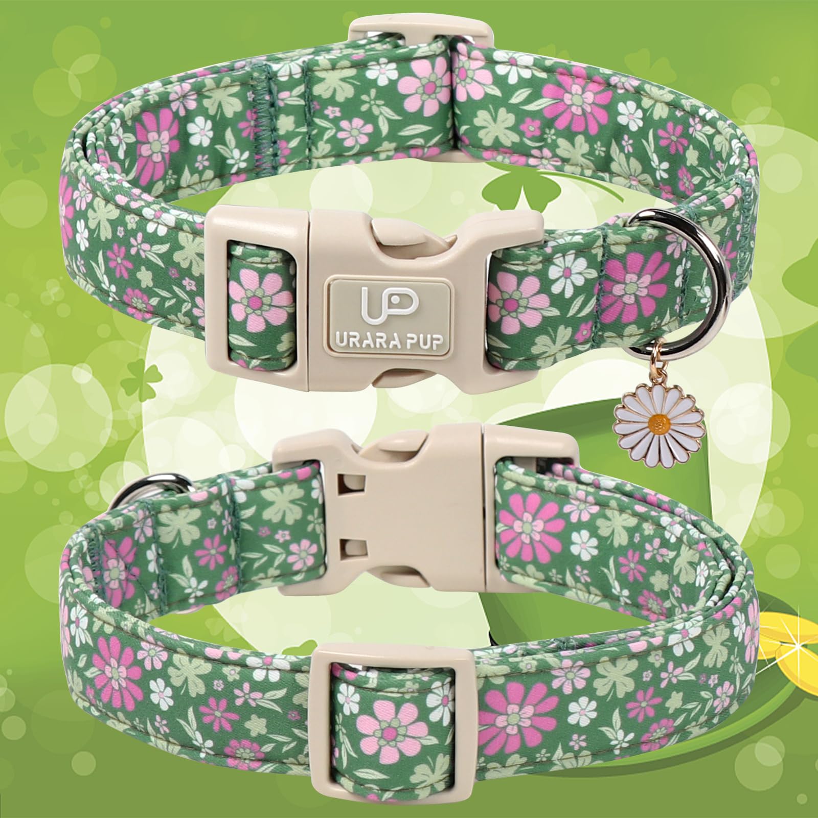UP URARA PUP collar trébol verde detalle, ideal para celebraciones