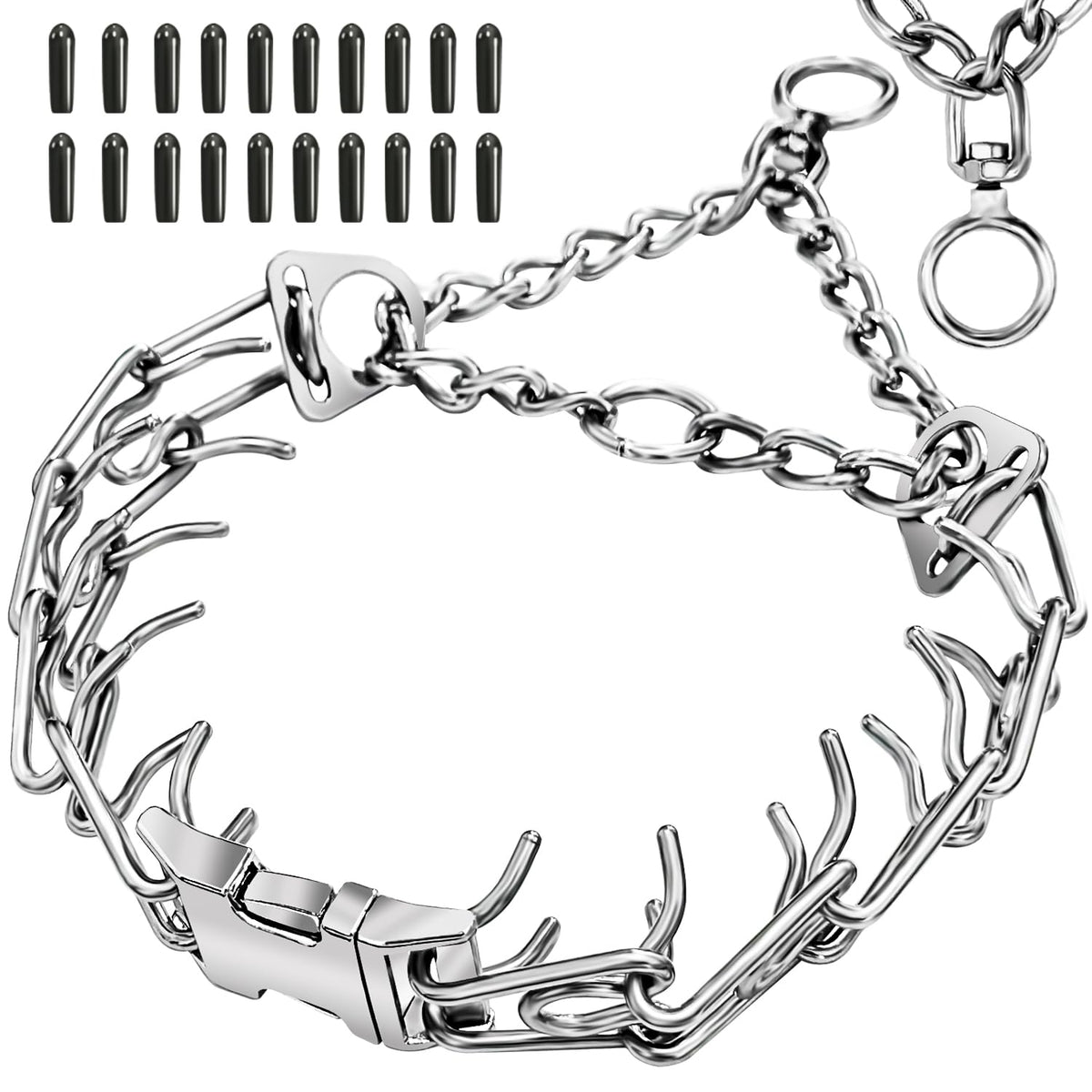 UPDOPEF collar de acero inoxidable, primer plano; resistente para paseos activos.