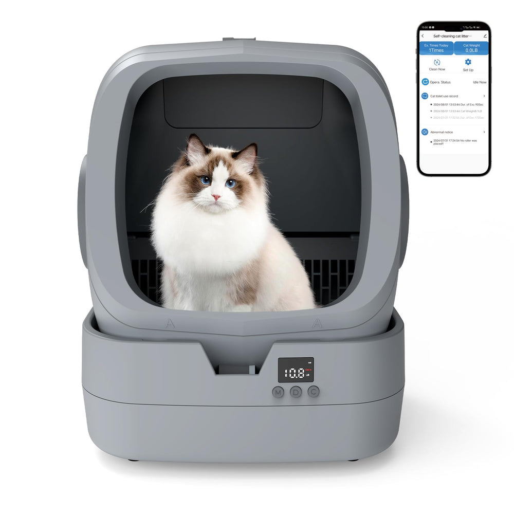 UPFAS caja de arena automática gris, diseño compacto para espacios reducidos.