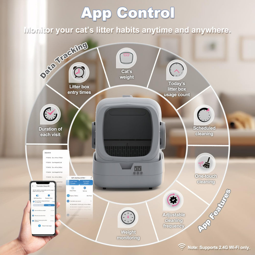 UPFAS caja arena automática con app, controla uso y peso desde el teléfono.