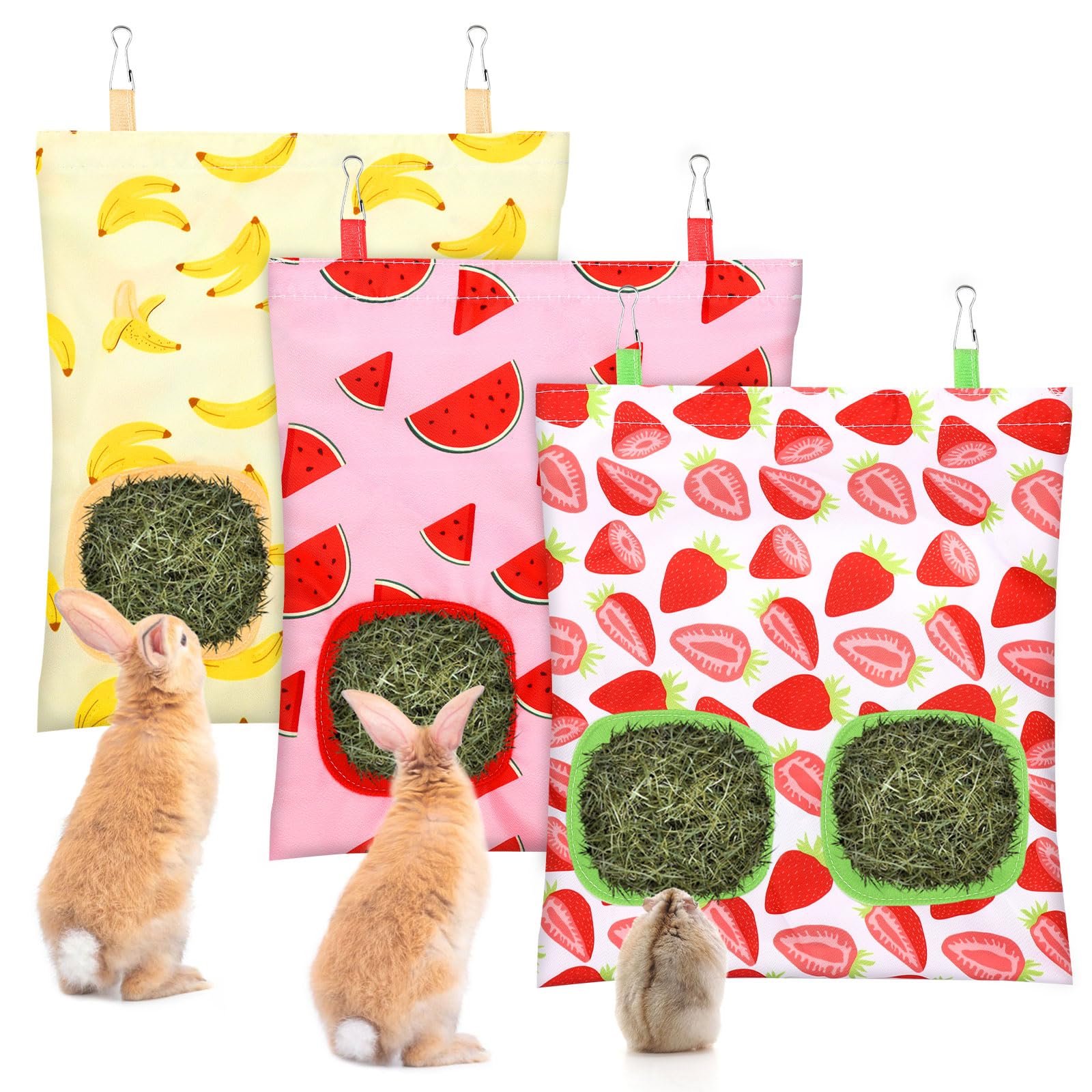 UPINS bolsa de heno para conejos con dos agujeros y patrón fruta, mantiene el heno limpio