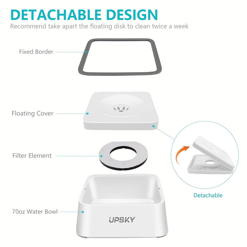 Bebedero UPSKY con filtro de carbono activado para agua más limpia.