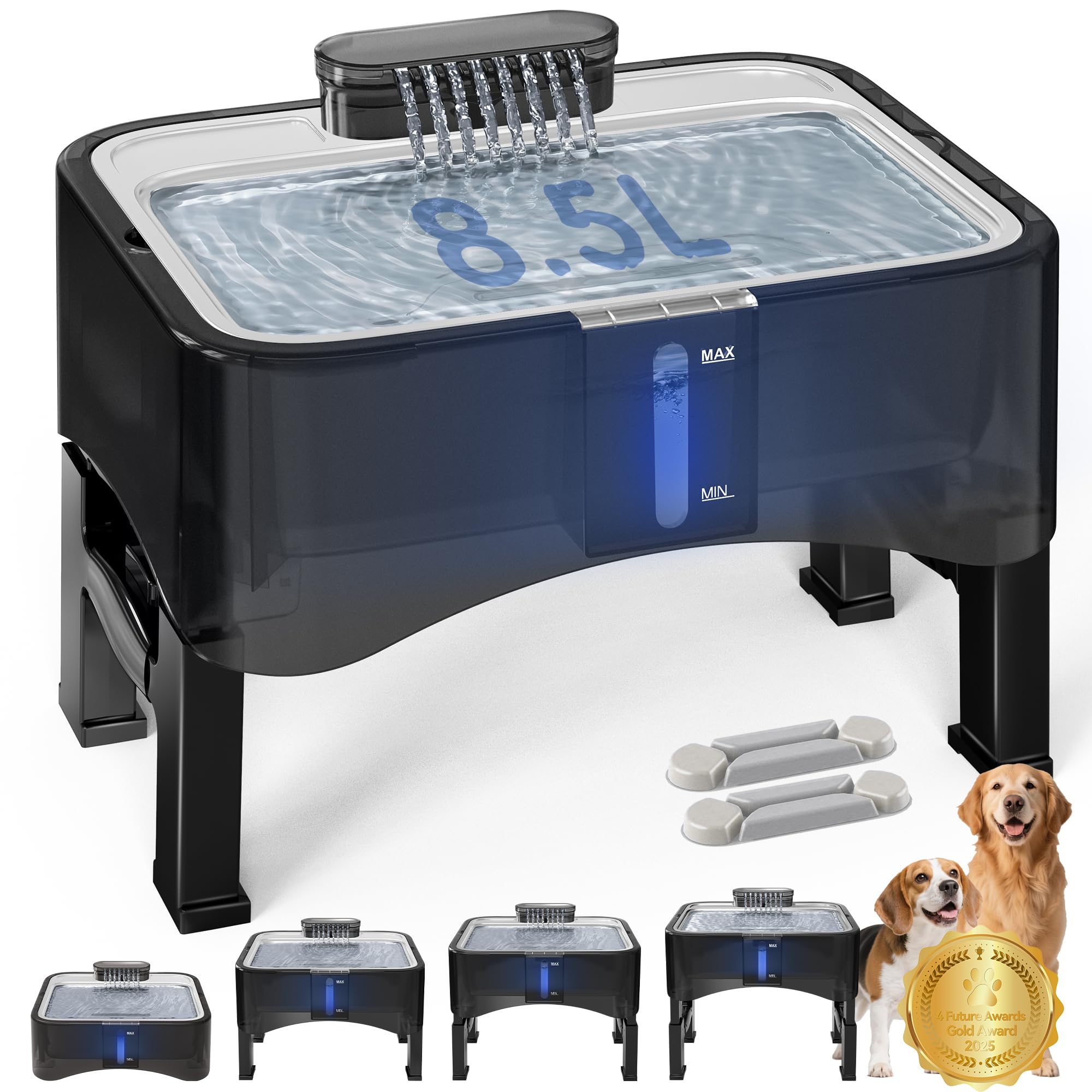 Bebedero elevado UPSKY con cuatro alturas para perros de todas las tallas.