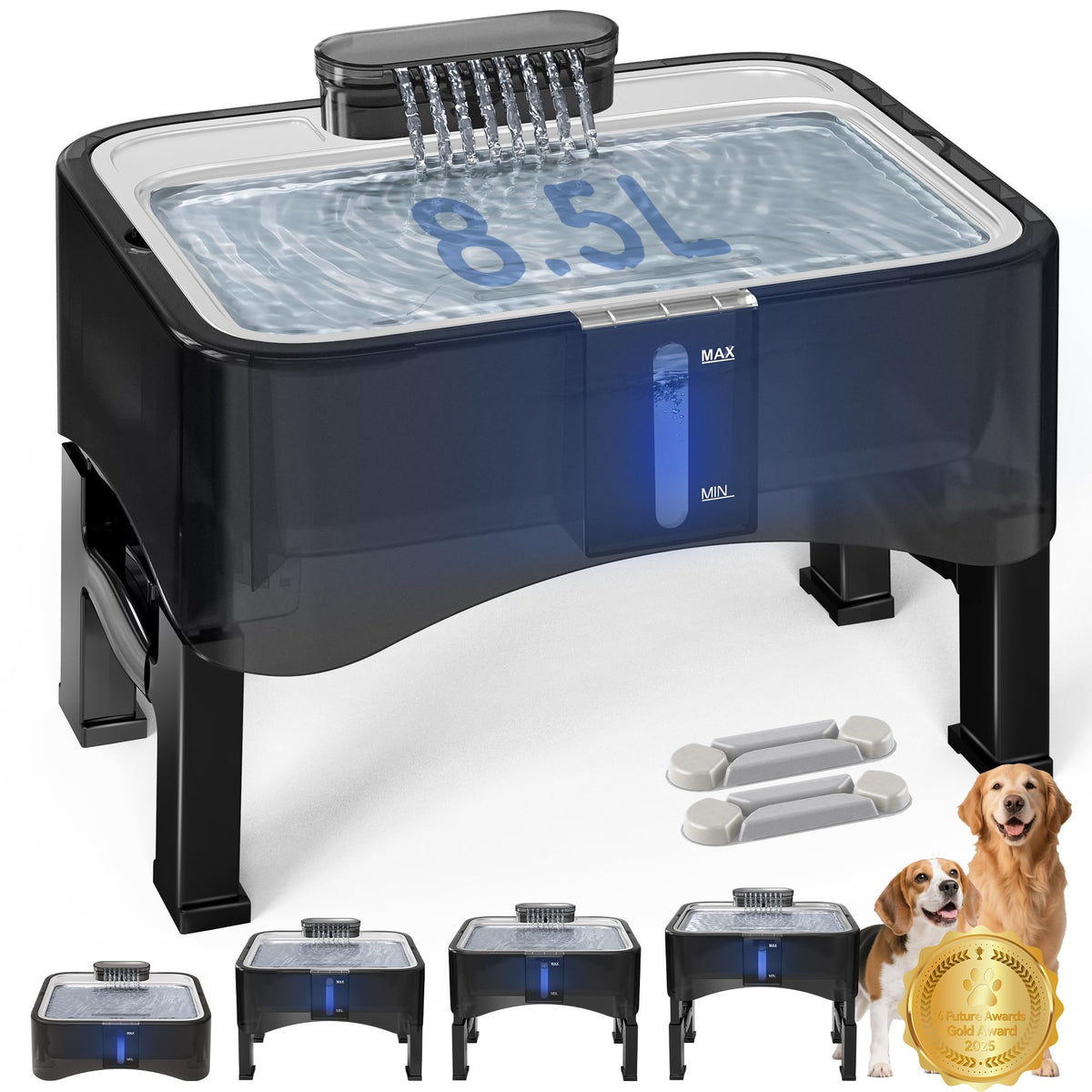 Bebedero elevado UPSKY con cuatro alturas para perros de todas las tallas.