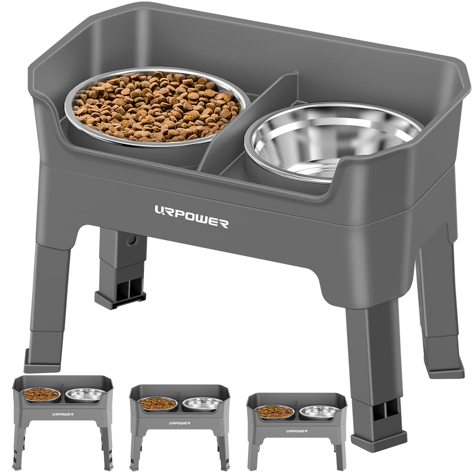 URPOWER 3-en-1 tazones elevados, vista frontal, comodidad para comer a altura adecuada.