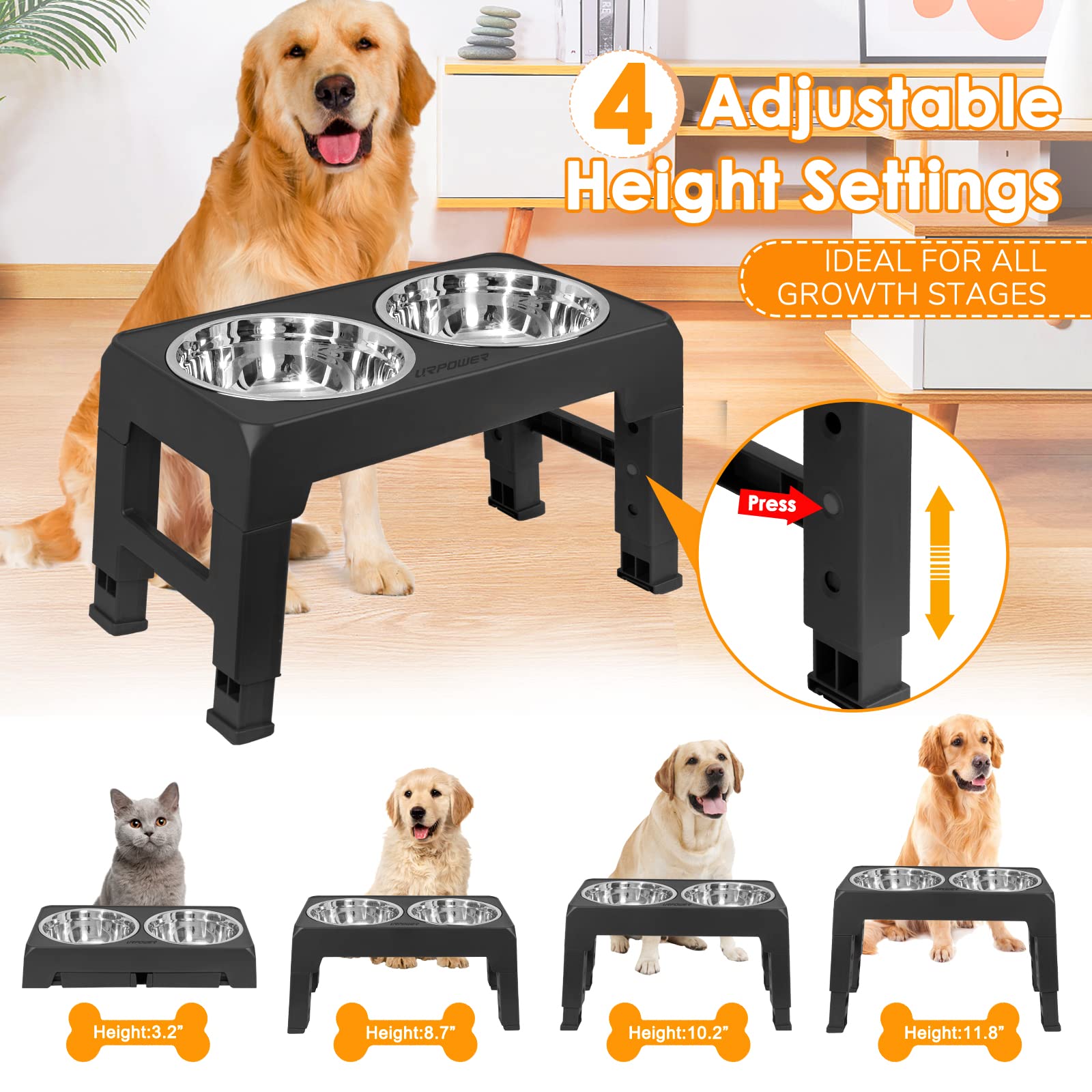 URPOWER ajustes-altura-boton ofrecen ergonomía al comer para perros.