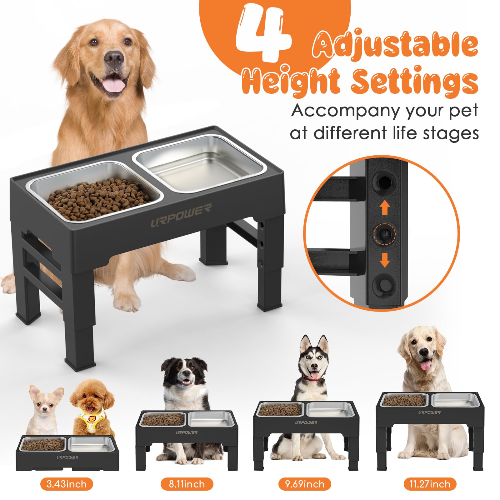 URPOWER base ajustable para perro, altura variable para crecimiento cómodo