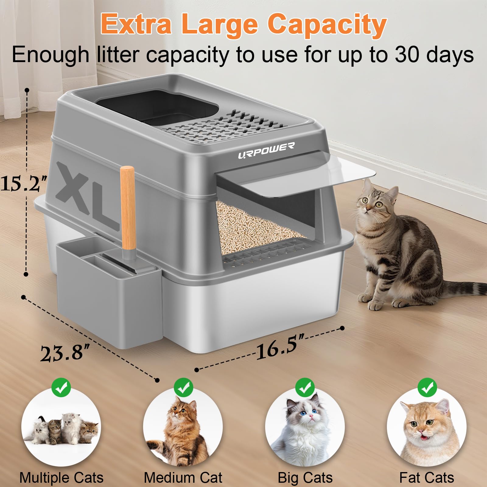 URPOWER caja de arena con entrada frontal y escalones para comodidad de gatos