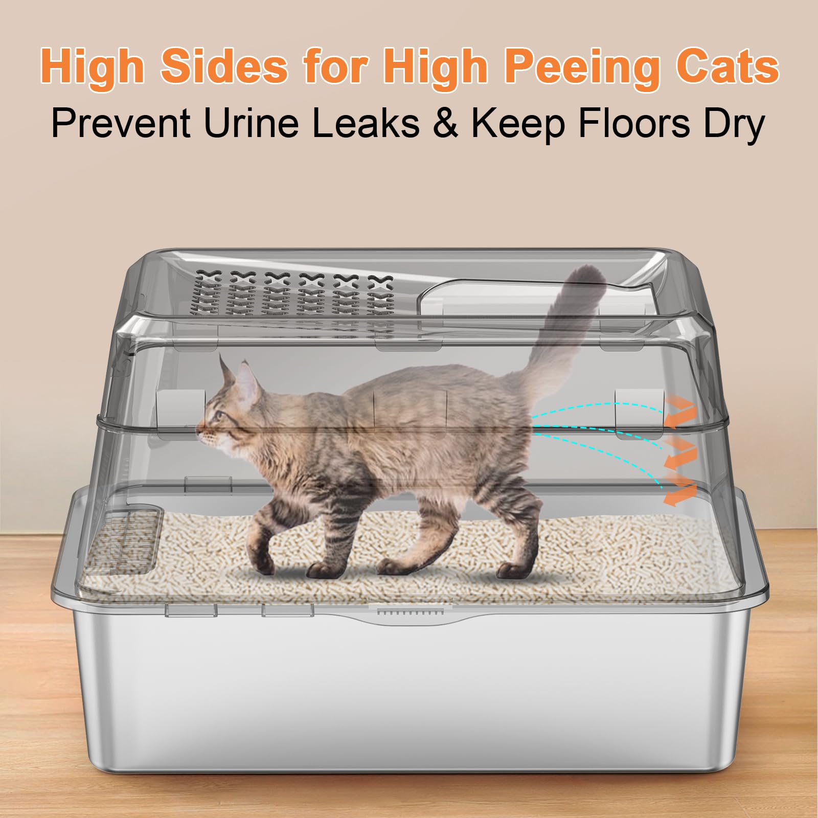 URPOWER caja de arena para gatos de acero inoxidable, entrada superior, limpieza fácil
