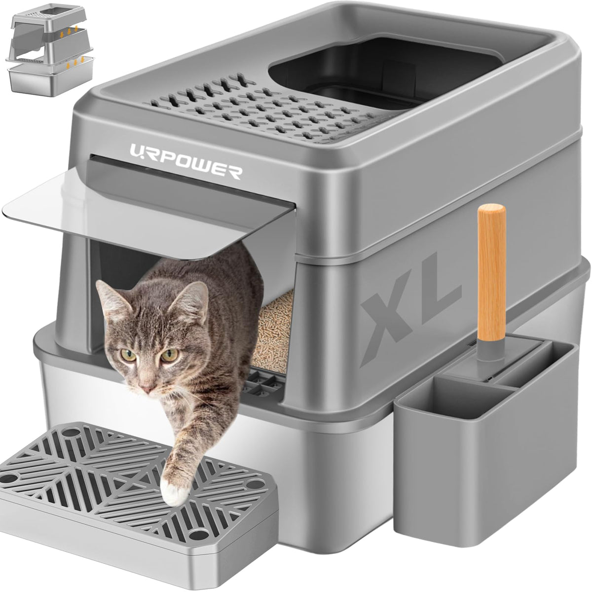 URPOWER caja de arena para gatos de acero inoxidable con tapa frontal para uso higiénico