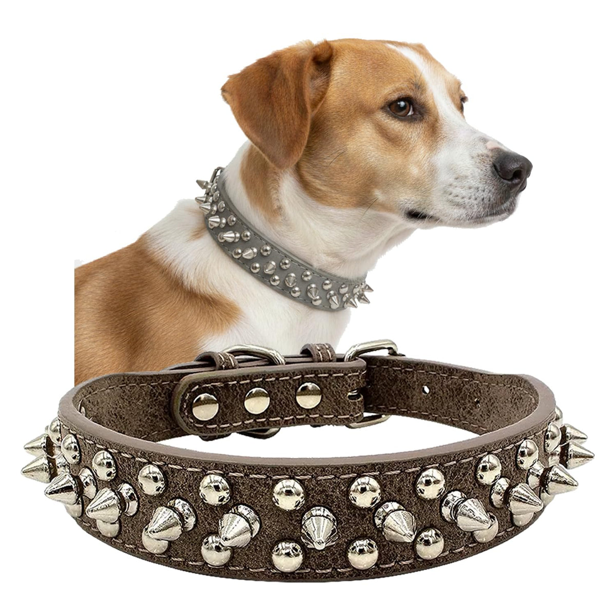 UVONOKAY collar perro con tachas redondas cromadas, estilo gris elegante.