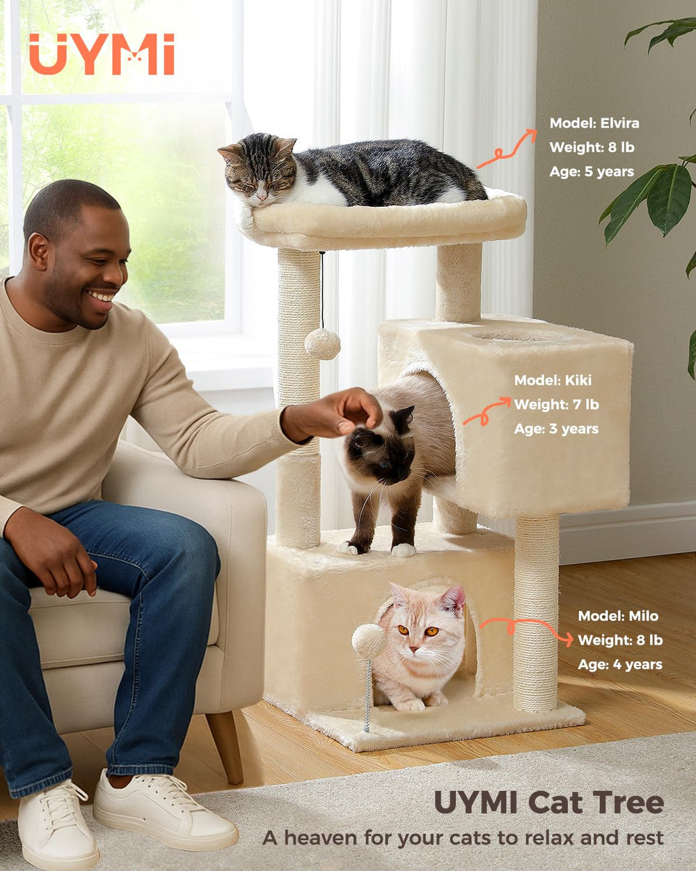 UYMI Poste de rascar con sisal para 2-3 gatos y diversión