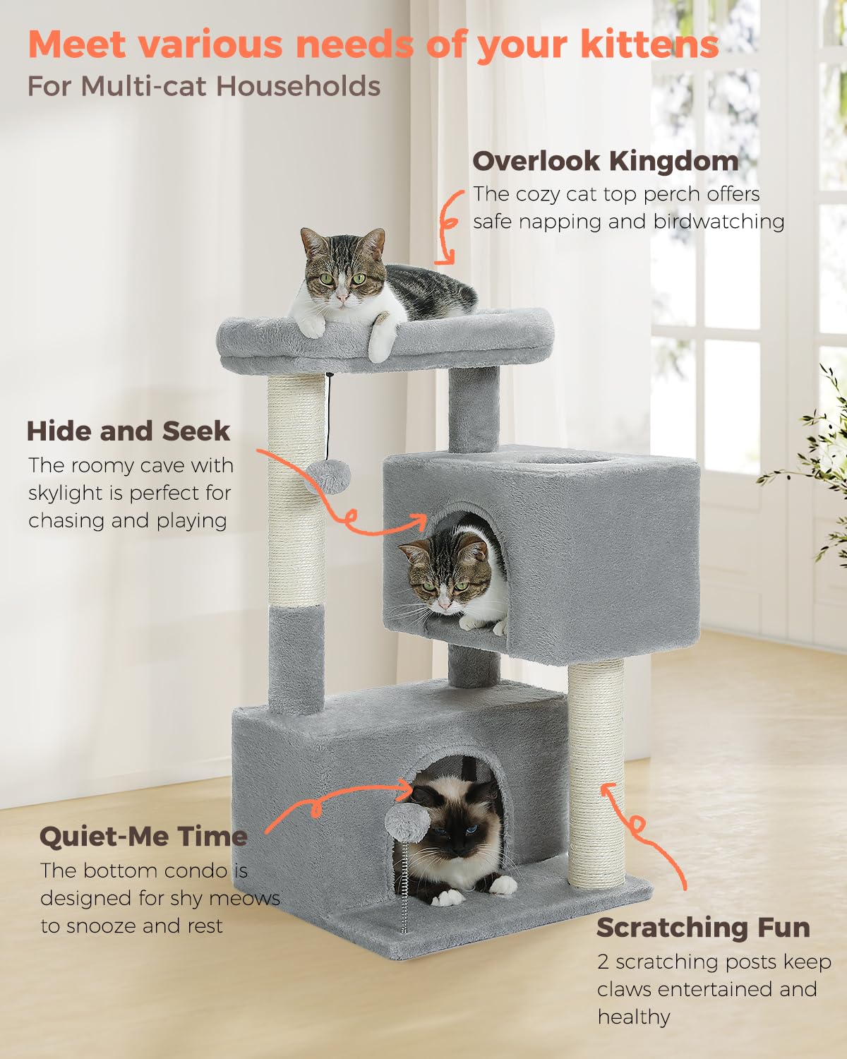 UYMI Torre Gato: plataforma superior acolchada para observar desde arriba.