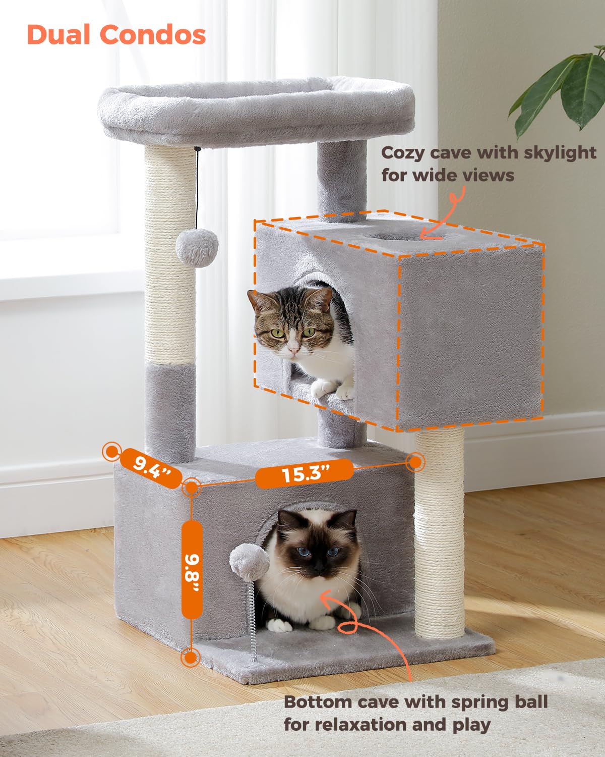 UYMI Torre Gato: pompones colgantes para juego activo.